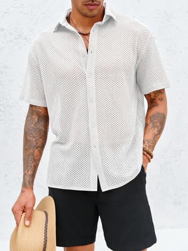 Runcati Mens Button Down Shirt Knit Crochet Hollow Out Short Sleeve Sweater Casual Summer Tops2
