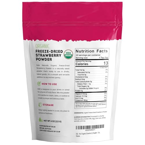 Kate Naturals Organic Freeze Dried Strawberry Powder for Baking & Drinks. Natural Strawberry Flavoring for Cakes, Icing & Smoothies (4oz, No Added Sugar)