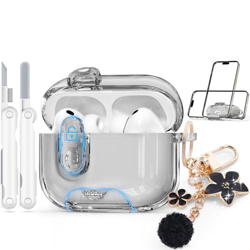 Image of for AirPods Pro 3 Case 2025 with Safety Lock,Clear Black | Clear Case with Phone Stand & Cleaner Kit,Cute Floral Chain for Women Girls,Soft TPU Protective Cover,Shockproof
