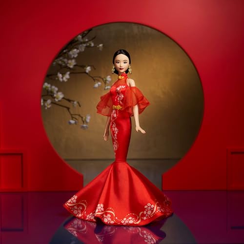 Barbie Signature Barbie Lunar New Year Doll with qipao with Plum Blossom Prints and Gold Accessories, JBJ11