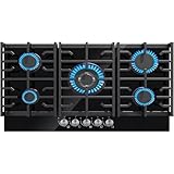 Davivy 34 Inch 5 Burner Built In Cooktop, All Black Tempered Glass Surface Gas Stove Top, 36004 BTU Dual Fuel NG/LPG Convertible, Easy Installation Cooktop with Thermocouple Protection, CSA Certified