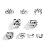 XUN Zhe Vintage Gold Silver Punk Rings Set for Men Women - Cool Gothic Chunky Stackable Joint Knuckle Jewelry - Retro Skull Ace Malachite (Silver 9Pcs)