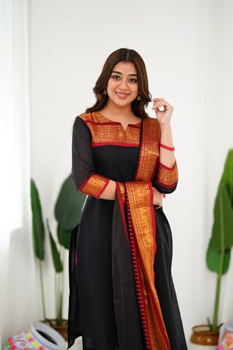 Image of TWINLIGHT Women's Kanchi Cotton Elephant Jaquard Work Kurta and Dupatta Set | V Neck 3 /4 Sleeves Straight Calf Length Kurti with Jaquard Border Work Dupatta | Kurti Set for Women