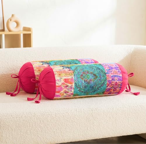 Image of SAJAVAT HOME Printed Multicolour Bolster Cover | 32x15 Inch Round Side Pillow Covers with Adjustable Ties | Stylish Diwan Cushion Covers for Sofa, Bed & Couch Pack of 1