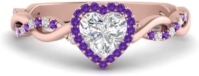 Choose Your Gemstone Intertwined Halo Diamond CZ Ring Rose Gold Plated Heart Shape Halo Engagement Rings Ornaments Surprise for Wife Symbol of Love Clarity Comfortable US Size 4 to 12