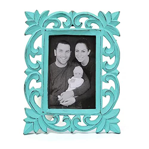 Image of Wooden Hand Carved Rectangular Photo Frame for Wall Mounted and Tabletops Display - 5x7 Inches Picture Frame - Wood Carving Decorative Home Decor Accessories Distressed Finish (Turquoise)