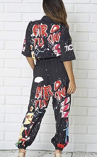 Lkous Womens Casual Cartoon Printing Short Sleeves High Waist One-Piece Jumpsuits Button Romper Playsuit #TOP3