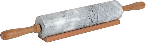 Home Basics Rodillo de piedra de mármol blanco con asas de madera de fácil agarre y soporte de exhibición de cuna de madera, pesado y sólido para