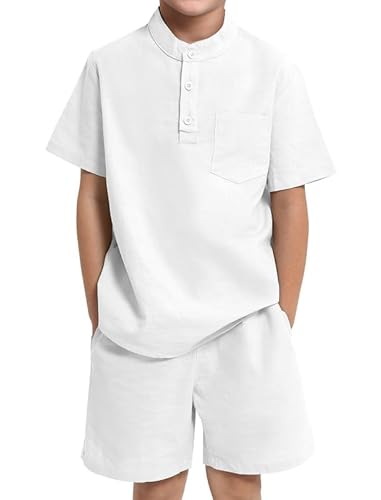JiAmy Boys Outfits 2 Piece Clothing Set Solid Henley Collar Short Sleeves Shirts with Shorts Set Summer Casual Kids Outfit for 11-12 Years, White