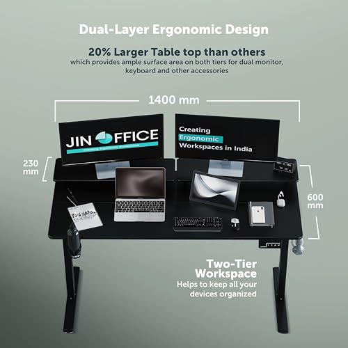 Image of JIN OFFICE Ascend Electric Height Adjustable Desk with Monitor Riser| Standing Desk with Cup Holder | 3 Year Warranty,80 KG Wt. Cap, Memory Presets| Sit Stand Ergonomic Desk 1400 * 600mm Black Top