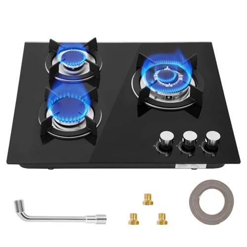 Placa de Gas,Placa de cocción a gas 3 fuegos, autosuficientecon protección térmica...