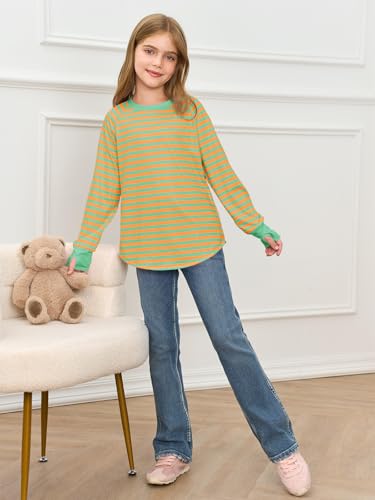 Image of Haloumoning Girls Striped Long Sleeve Shirts 5-14 Years | Thumb Hole, Crewneck, girls tops,Tunic Tops, Curved Hem Tees