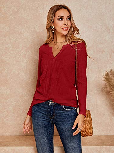 Dellytop 3Y3356RD1L Womens Casual Loose Long Sleeve Waffle Knit Tops V Neck Thermal Warm Shirts Light Pullovers Red thumb #3