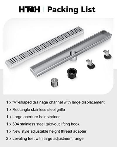 Shower Drain, Htoh Linear Shower Drain 24 Inch(Brushed Nickel),Modern 304 Stainless Steel Shower Floor Drain With Grate Removable, Adjustable Leveling Feet, Rectangular Shower Drain #TOP5