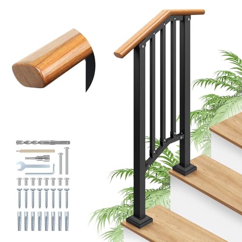 UOKRR Hand Rails for Outdoor Steps 2-Step Railing Metal Wood-Grain
