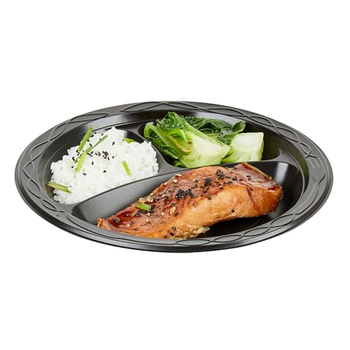 Restaurantware-Chef 101 9 Inch Microwavable Food Plates, 100 Round Plastic Plates - 3 Compartments, Disposable, Black Plastic Dinner Plates, Serve Hot And Cold Foods, For Restaurants And Cafes