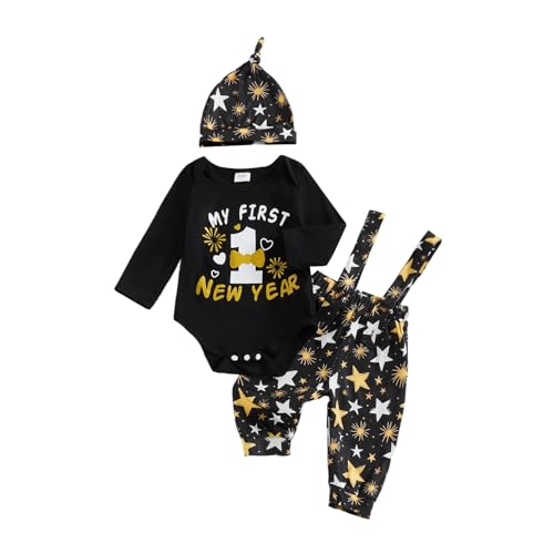 Image of BeQeuewll Newborn Baby Boy Mardi Gras Outfit Letters Print Romper Striped Suspender Pants Overalls 3pcs Carnival Clothes Set