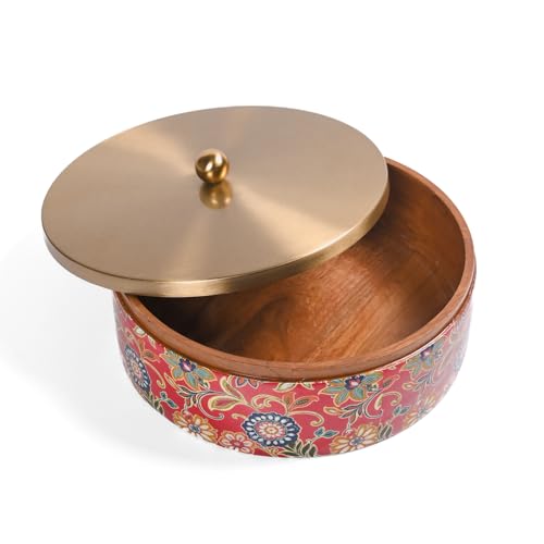 Image of Wooden Chapati Box for Kitchen - Casserole for Roti with Stainless Steel Brass Lid | Wooden Chapati Box with 1 Tong | Traditional Kitchen Organizer - Royal Red & Golden (Printed)