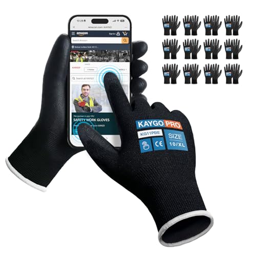 Image of KAYGO Safety Work Gloves, PU Coated, 2-Finger Touchscreen, KG11P | Breathable & Lightweight, Smooth Grip, 13-Gauge Seamless Knit, for Light Warehouse, Manufacturing, Gardening
