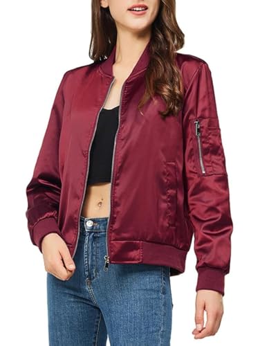 Rasujie Satin Bomber Jacket Women Zip Up Varsity Jacket Fall Windbreaker Outerwear with Pockets