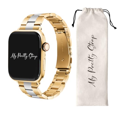My Pretty Strap – Elegant Stainless Steel Band for Apple Watch – Feminine Fit (4.9–7.3 Inches / 125–185 mm) – Compatible Sizes 38/40/41/42/44/45/49MM – Gold, Silver – Queen Vogue