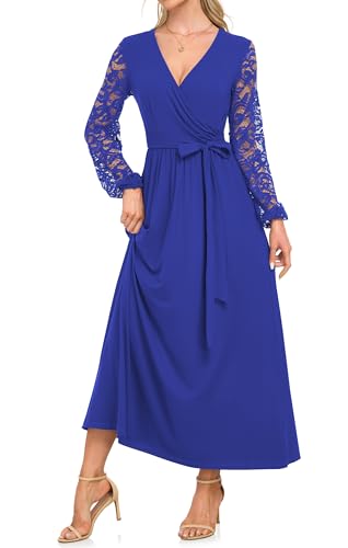 AUSELILY Women's Lace Dress Long Sleeve Maxi 2025 Fall V Neck Wrap Waist Formal Party Long Dresses with Pockets4