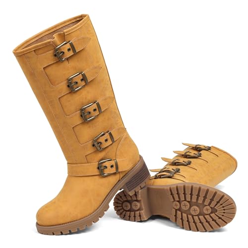 Image of AMINUGAL Knee High Boots Women Square Toe Pull On Wide Calf Riding Fashion Buckles Chunky Metallic Casual Vintage Buckle Rivet