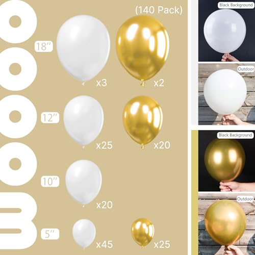 Image of PartyWoo White and Gold Balloons, 140 pcs White and Metallic Gold Balloons Different Sizes Pack of 18 Inch 12 Inch 10 Inch 5 Inch for Balloon Garland or Arch as Birthday Decorations, Party Decorations