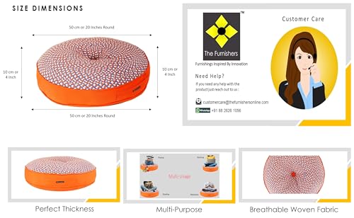 Image of Reversible 50x50x10 cm Woven Quilted Orange Floor Cushion with Cotton Filler for Seating, Patio Seat, Meditation, Yoga, Pooja, Guests, Living Room, Bedroom, Large Size 20x20x4 Inch