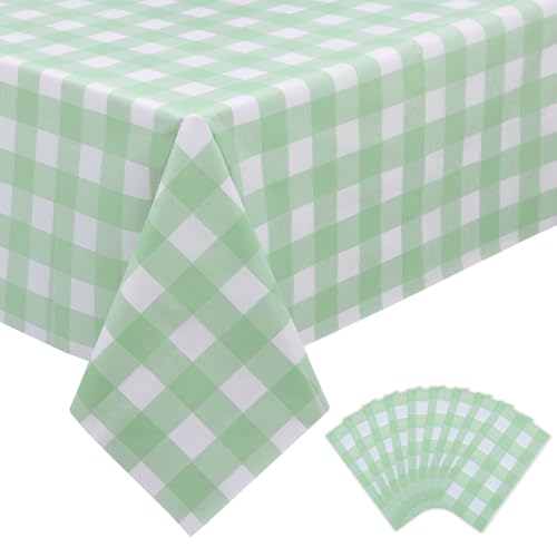 Image of Kesfey 9 Packs Sage Green Gingham Tablecloth Sage Green and White Checkered Table Cloths 54 x 108 Inches Disposable Plastic Gingham Tablecovers Waterproof Picnic Camping Table Covers for Baby Shower