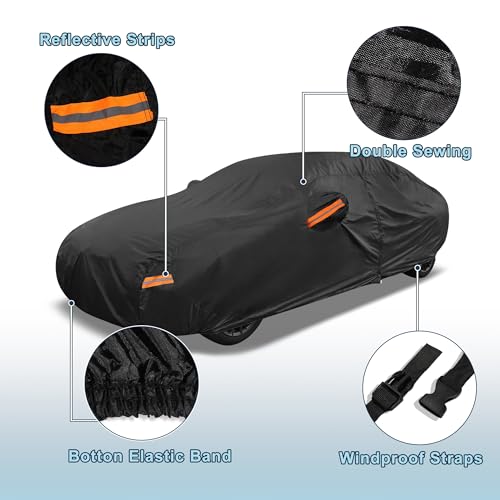 Image of Black Heavy Duty Waterproof Car Cover for Sedan 201 inch-207 inch - All-Weather UV Protected Outdoor Full Exterior Cover with Sun /Snow /Rain Resistance
