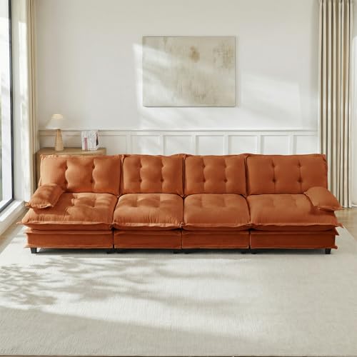 Image of 138 inch Sectional Couches for Living Room, Orange 4 Seater Modern Chenille Deep Seat Sofa Set, Salas para Casa, High Back Cloud Couch Modular Sectional Sets