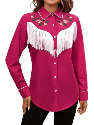 CORSKI Women's Western Cowgirl Fringe Shirt Long Sleeve Floral Embroidered Snap Collared Boho Rodeo Casual Blouses Shirts2