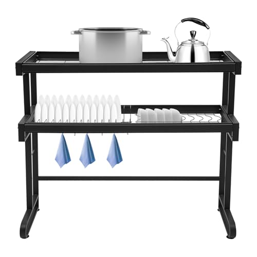 Armanyya Scaffale a 2 livelli sopra il lavello in acciaio al carbonio, portata 40 kg, altezza regolabile con 6 ganci e piedini a ventosa