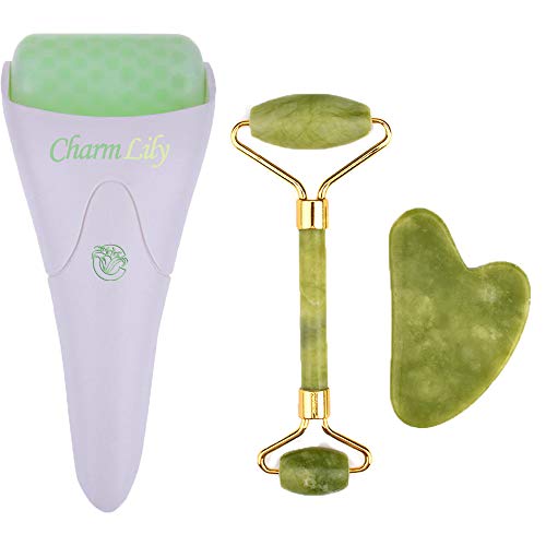 Jade & Ice Roller + Gua Sha Massager Tool Set for Face & Eyes by Charmlily, Puffiness, Reduce Wrinkle Aging, Migraine, Pain Relief on Neck & Body, Cold Facial Original Natural Stone - 3 in 1 (Jade)