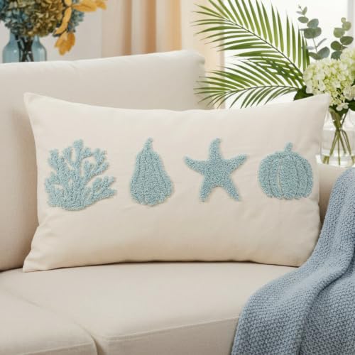 GAGEC Fall Pillow Covers 12x20 Inch Embroidered Coastal Pillow Covers Beach Sea Ocean Pumpkin Throw Pillowcase Blue Fall Decorations for Home Sofa Cushion Case Holiday Autumn Outdoor Indoor Decor