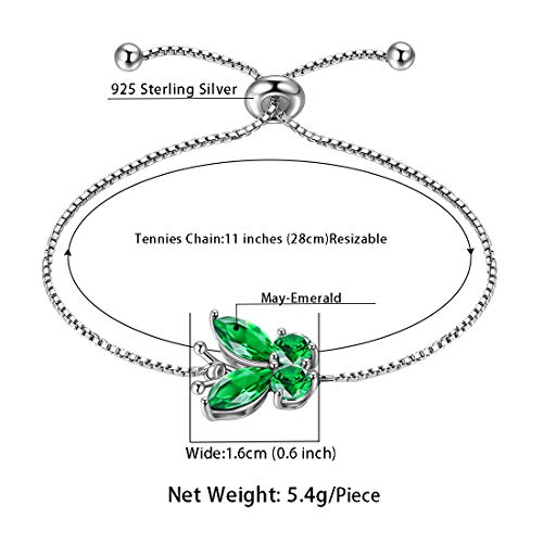Hipunk Butterfly Green Bracelets Birthstone Women 925 Sterling Silver May-Emerald Birth Stone Animal Butterflies Adjust Link Bracelet Crystal Birthday Jewelry Sb0001G #TOP5