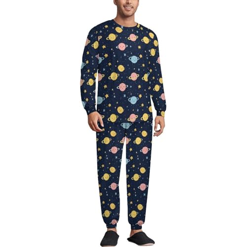 Outeres-Spaces Planets Stars Men’s Pajama Set Long Sleeve Top And Pants Loungewear Sleepwear Pjs Nightwear