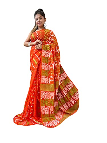 Sari indio Jamdani de Bengala Occidental color naranja para mujer sin blusa