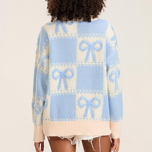 Women Y2K Fall Sweater Cute Bow Print Long Sleeve Cable Knit Pullover Casual Oversized Jumpers for Women4