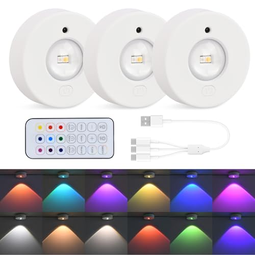 Mapille 3 piezas Luz Armario, Regulables Luces de Colores para Vitrinas Estanterías, Foco LED Recargable, Luce da Armadio RGB, LED Nocturna, Magnético Luz de Cocina para Alacenas Vitrinas