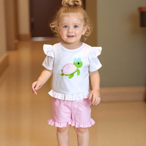 Toddler Infant Baby Girl Summer Outfit Whale Ruffle Short Sleeve T-Shirt Tops Plaid Shorts Set Fishing Clothes2