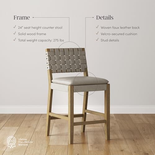 Image of Nathan James Cohen Coastal Bar Stool, Wood Counter Height Leather Bar Stool with Back for Kitchen Island, Taupe