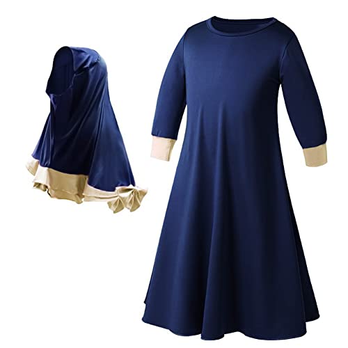 FYMNSI Muslim Clothes for Girls Kids Abaya Long Sleeve Dress with Cotton Full Cover Hijab Islamic Kaftan Prayer Dresses 2PCS