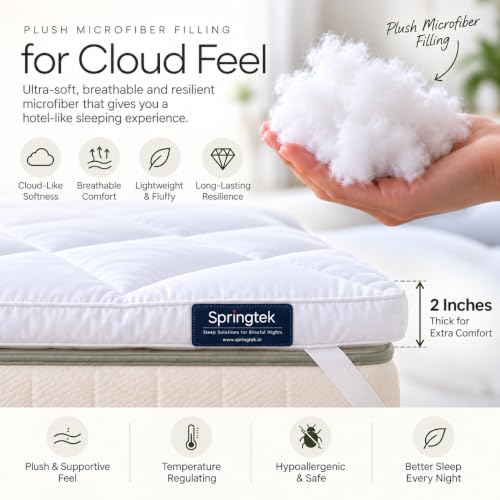 Image of Springtek Premium Luxe Micro Fibre Mattress Topper for King Size Bed | King Bed Topper 75 inchx72 inch | 2 inch Padding | Super Soft Mattress Padding for Comfortable Sleep | 75 By 72 Inch, White
