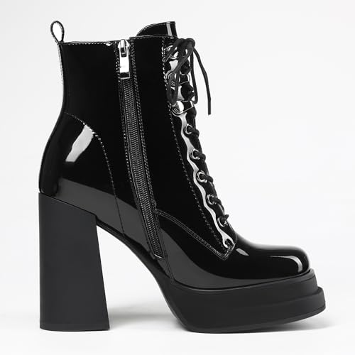 Women's Platform Ankle Boots Chunky High Heel Square Toe Stretch Short Gogo Combat Boots Booties for Women (not for wide calf)2