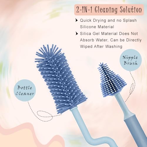 Image of TONY STARK Baby 360 Rotating Silicone Bottle Cleaning Brush & Nipple Cleaner - Ergonomic Handle, Flexible Bristles for Deep Cleaning Narrow & Wide Neck Feeding Bottles (Blue)