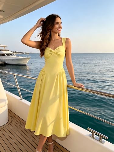 Image of Women's Wedding Guest Dress Corset Sleeveless Semi Formal Bridesmaid Flowy Midi Dresses with Pockets