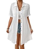 Bsubseach Swimsuit Cover Up for Women Short Sleeve Button Down Blouse Bathing Suit Cover Ups Cotton Beach Shirt Dress White L
