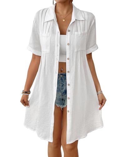 Bsubseach Swimsuit Cover Up for Women Short Sleeve Button Down Blouse Bathing Suit Cover Ups Cotton Beach Shirt Dress